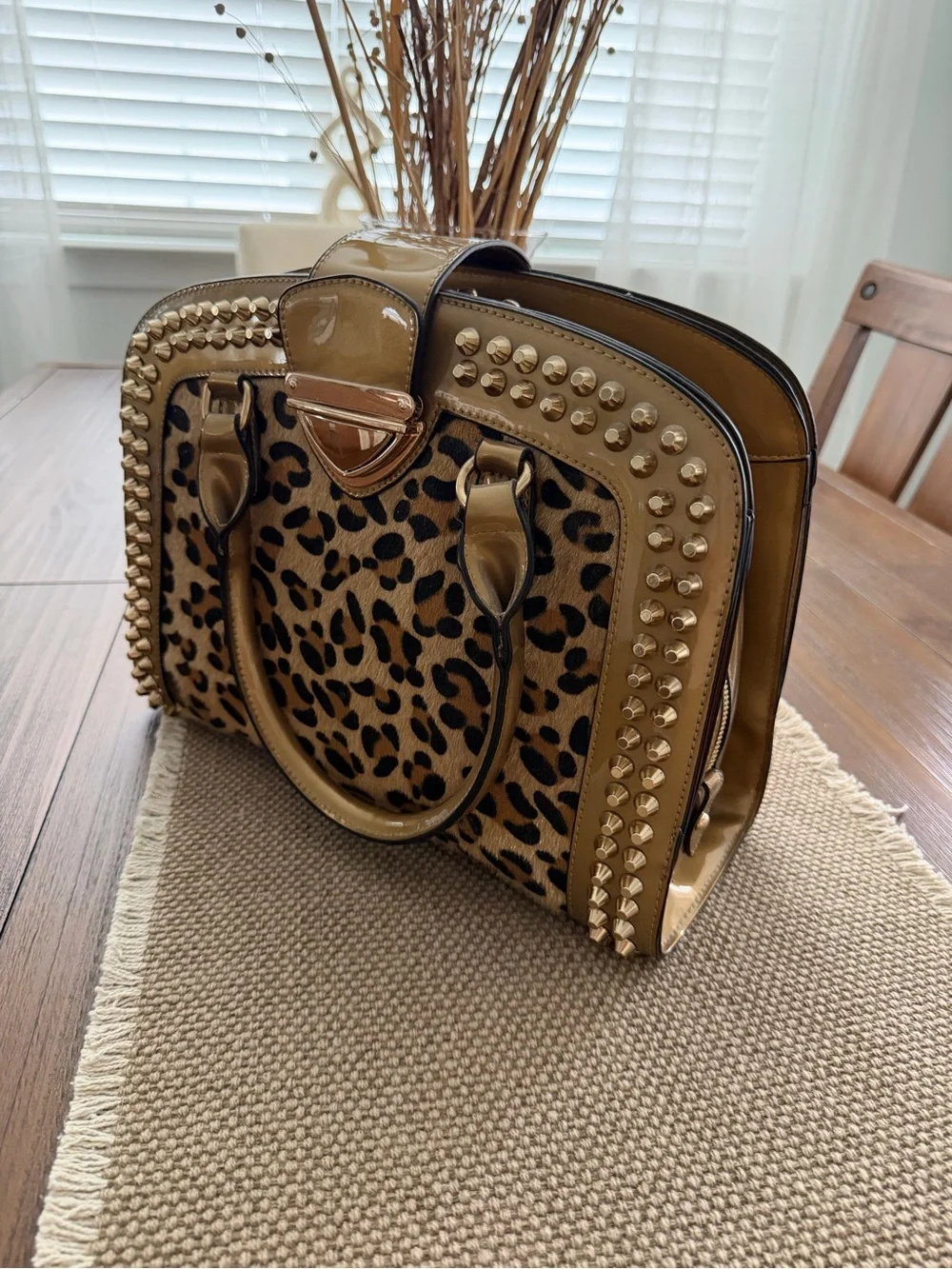 Leopard Print Dome Satchel Handbag in Tan and Black